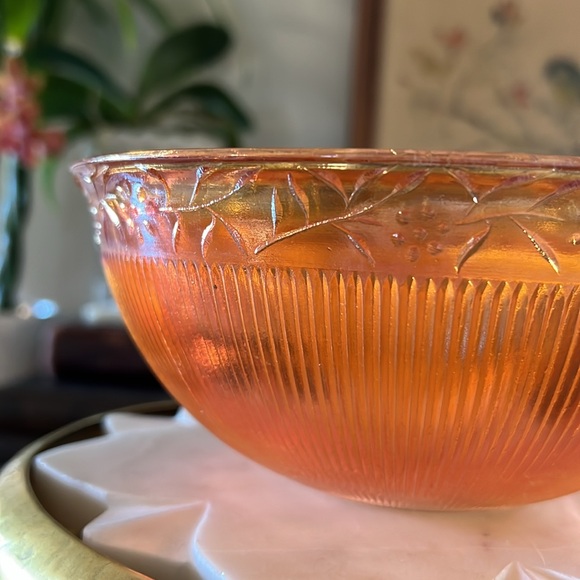 Antique 1928 Jeannette Glass Marigold Floral + Ribbed Carnival Glass Bowl - Picture 3 of 10